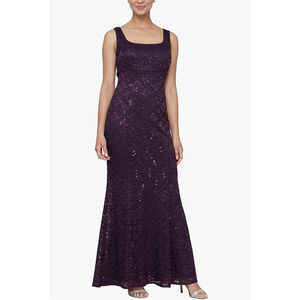 S.L. Fashions Women's Long Sequin Lace Fit and Flare Dress